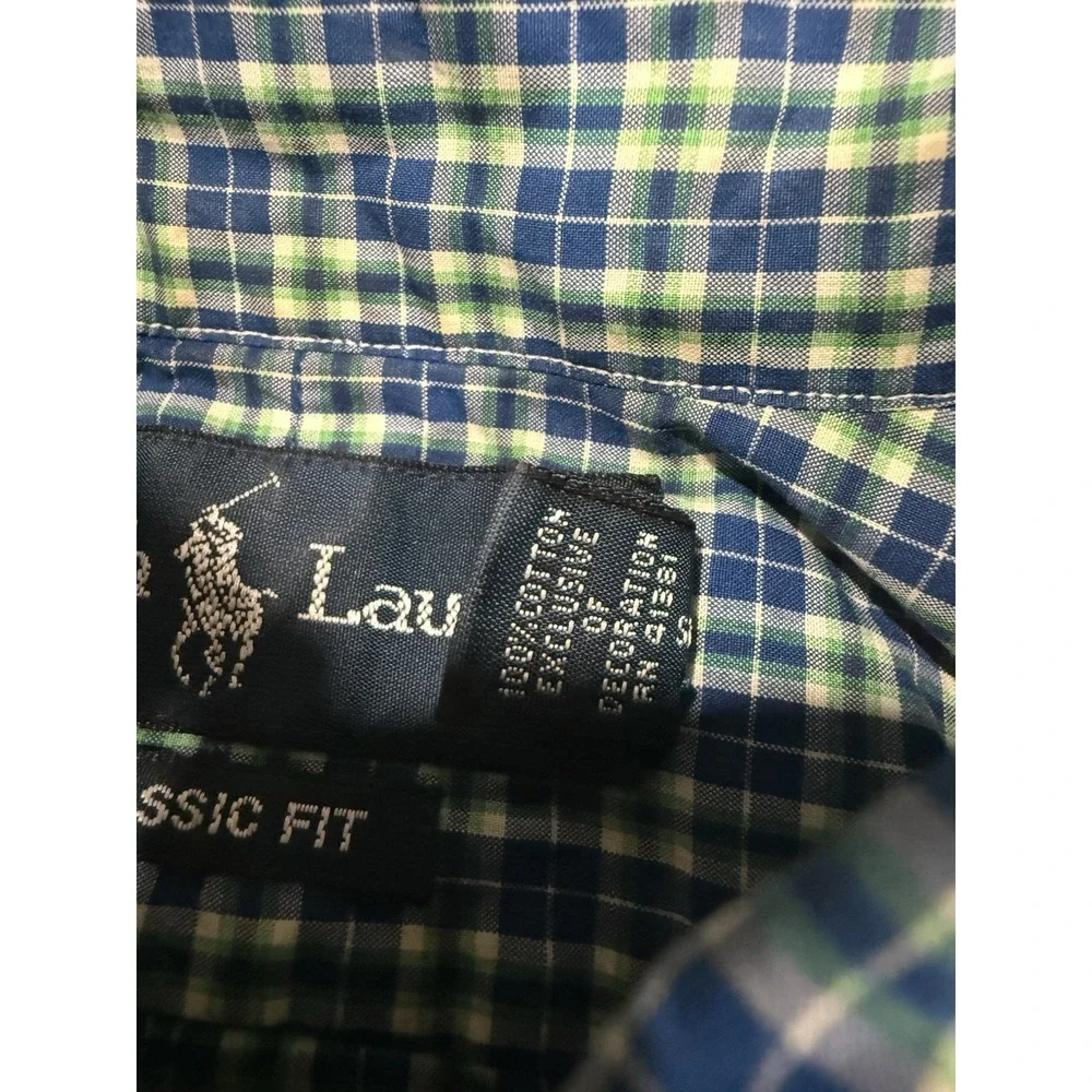 Ralph Lauren Polo Shirt Mens Medium Classic Fit Pony Long Sleeve Green BluePlaid
